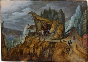 Fantastisch rotslandschap met de Verzoeking van Sint Antonius, 1600