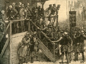 Vader John Murphy leidt zijn pachters om te stemmen in de Clare tussentijdse verkiezing, Ierland, 1828 c1890