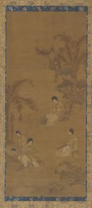 Vrouwelijke muzikanten in een tuin onder bananenpalmen, Ming-dynastie, 1368-1644 door Unbekannt