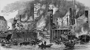 Brand bij Toppings Wharf, London Bridge, 1843, c1843, 1912 door Unbekannt