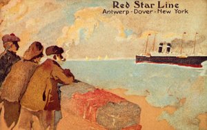 Vissers en zeelieden kijken naar een Red Star oceaanstomer