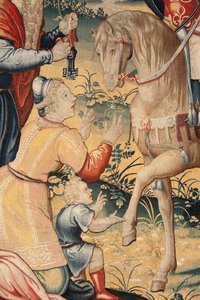 Vlaamse wandtapijt. Serie De Geschiedenis van Hannibal. Hannibal in Italië. Derde wandtapijt van de bewaarde. Modellen Anonieme meester van Nederland. Fabricage Brusselse werkplaatsen. Ca 1570. Stof Wol en zijde