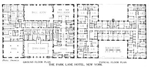 Plattegronden, het Park Lane Hotel, New York City, 1924