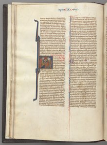 Fol. 20v, Exodus, gehistorieerde initiaal H, Mozes en twee volgelingen met de tafelen van de wet