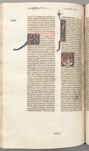 Fol. 357v, Jona, gehistorieerde initiaal E, Jona opgeslokt door de walvis, een ommuurde stad erboven