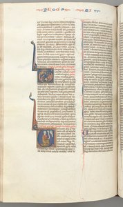 Fol. 358v, Micha, gehistorieerde initiaal V, Micha knielend, buste van God boven, ca. 1275-1300