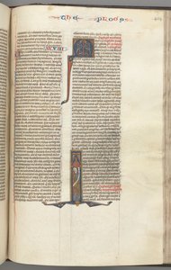Fol. 404r, Mark, gehistorieerde initiaal I, Mark staande met een rol, c. 1275-1300