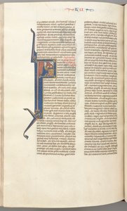 Fol. 412v, Lucas, gehistorieerde initiaal F, Lucas biddend bij een altaar, buste van God erboven, c. 1275-1300 door Unbekannt