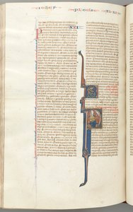 Fol. 435v, Romeinen, gehistorieerde initiaal P, Paulus zittend met een zwaard pratend met de buste van God..., ca.