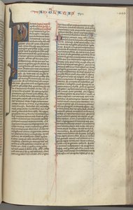 Fol. 449r, Galaten, gehistorieerde initiaal P, Paulus zittend met een zwaard, ca. 1275-1300