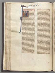 Fol. 62v, Deuteronomium, gehistorieerde initiaal H, Mozes met horens en rol predikend..., c. 1275-1300