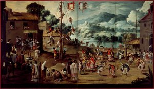Vouwscherm met Indiaanse bruiloft en vliegende paal (Biombo con desposorio indígena y palo volador) door Unbekannt