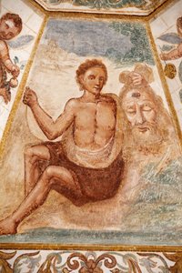 Fresco in Dominicanenkerk, Muro Leccese, Apulië: man die het hoofd van Sint-Jan de Doper vasthoudt, Muro Leccese, Italië door Unbekannt
