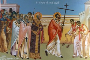 Fresco in Heilige Kruiskerk, Pedoulas. Processie van het kruis, 20150510, Pedoulas, Cyprus