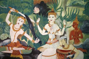 Fresco in Wat Ampharam, Hua Hin, Thailand. Boeddha knipt zijn haar en doet afstand van zijn vroegere leven.