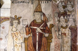 Fresco van de Ferrande Toren in Pernes-les-Fontaines (Pernes les Fontaines, Vaucluse (84)) uit de 13e eeuw: Karel I van Anjou (1226-1285) werd op 28/06/1265 door paus Clemens IV (ca. 1195-1268) geïnvesteerd in het Koninkrijk Sicilië.