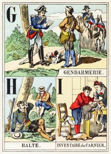 G H I: Gendarmerie, Halte, Inventaris van de buit - Het Jachtalfabet, ca. 1890 (gravure)
