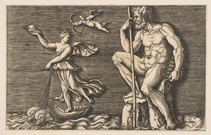 Galatea ontsnapt aan Polyphemus, hij zit op een rots met een staf en pijpen, ca. 1515-1600 door Unbekannt