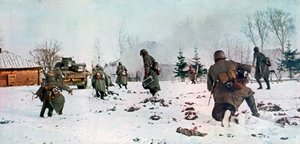 Duitse infanteristen volgen een tank richting Moskou in de sneeuw, Rusland, 1941 door Unbekannt