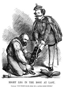 Giuseppe Garibaldi helpt Victor Emmanuel II de laars van Italië aan te trekken door Unbekannt