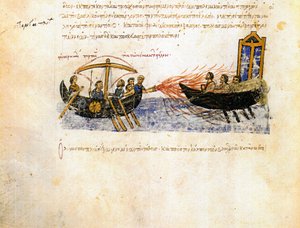 Grieks vuur. Miniatuur uit de Madrid Skylitzes, 11e-12e eeuw door Unbekannt