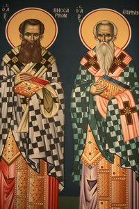 Grieks-orthodoxe icoon die Sint Vissarion en Sint Epiphanos afbeeldt, Thessaloniki, Griekenland door Unbekannt