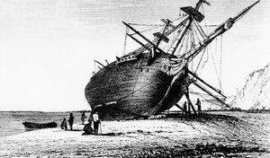HMS Beagle aan wal gelegd, Rio Santa Cruz, Patagonië, Zuid-Amerika, 1834 1839
