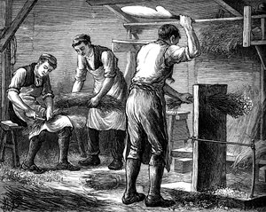Hand-scutchers aan het werk, ca. 1880