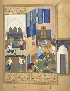 Harun al-Rashid en de binnenkant van een hammam uit een manuscript van de Khamsa van Nizami, ca. 1495 door Unbekannt