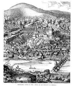 Kasteel Heidelberg en stad gezien over de Neckar rivier, Duitsland, 1620