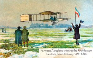 Henri Farman, Franse vliegenier, wint prijs voor eerste cirkelvormige kilometer vlucht, Parijs, jan 1908 door Unbekannt
