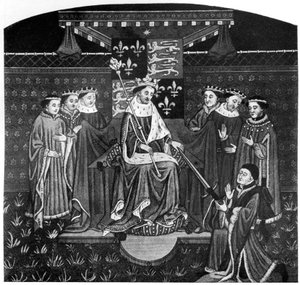 Hendrik VI overhandigt een zwaard aan John Talbot, graaf van Salisbury