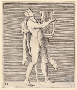 Hercules speelt een lier, een leeuwenhuid over zijn schouder gedrapeerd, gepubliceerd ca. 1599-1622 door Unbekannt