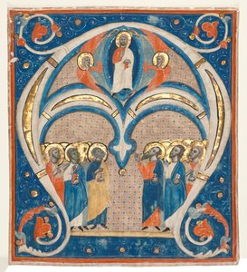 Geïllustreerde initiaal A uitgesneden uit een responsoriaal: Christus in majesteit met heiligen door Unbekannt