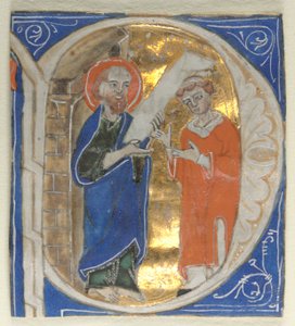 Geïllustreerde initiaal uitgesneden uit een Bijbel: St. Paulus en een geestelijke, 1200s door Unbekannt