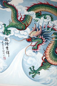 Hoi Tuong Te Nguoi Hoa boeddhistische Chinese tempel. Chinese draak schilderij. Phu Quoc. Vietnam