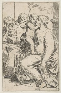 Heilige Familie met Sint Johannes de Doper, kopie in spiegelbeeld naar Cantarini