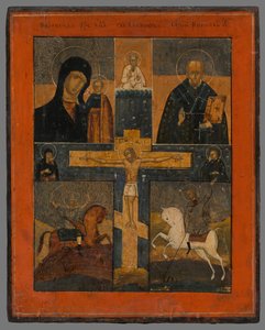 Icoon-Kruisiging met Kazan Moeder Gods, St. Nicolaas, St. Joris en Dimitri door Unbekannt