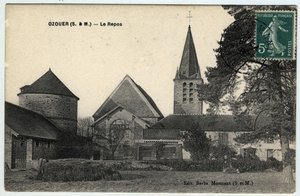 Île de France, Seine et Marne, Ozouer le Repos: buitenaanzicht van de kerk Saint Aubin - Ansichtkaart gedateerd 1908