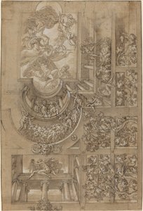 Illusionistisch plafond met een druivenprieel, figuren op galerijen, en een centraal..., ca. 1570-1580