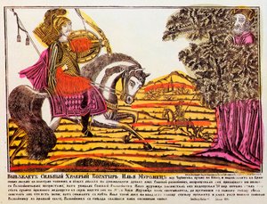Ilya Muromets en Nightingale de Rover, Lubok print, 18e eeuw