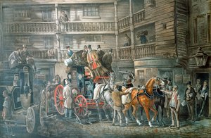 Herberg met postkoets die zich voorbereidt om te vertrekken, ca. 1840