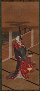Interieur: Een Yujo en een bediende die water verwarmen, Edo-periode, 1615-1868