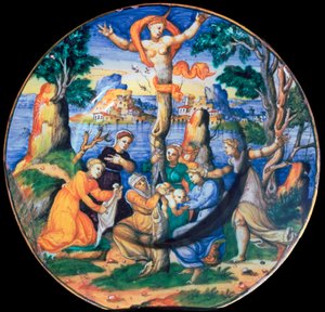 Italiaans aardewerken bord met de geboorte van Adonis, ca. 16e eeuw