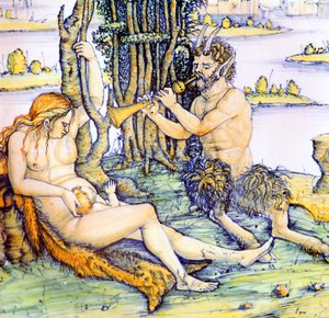 Italiaans aardewerken bord met de satyrfamilie na Dürer