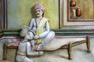 Jalaram Prathna hindoe tempel, Leicester. Kunstwerk dat het leven van Jalarambapa afbeeldt. Verenigd Koninkrijk