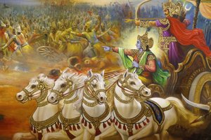 Jalaram Prathna hindoe tempel, Leicester. Fresco. Krishna de wagenmenner die Arjuna leidt in de slag bij Kurukshetra. Verenigd Koninkrijk door Unbekannt