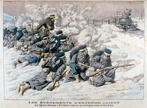 Japanse aanval op een hospitaaltrein bij Port Arthur, Mantsjoerije, Russisch-Japanse Oorlog, 1904 door Unbekannt