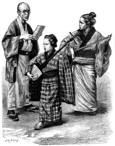 Japanse muzikanten en een handelaar, 1895