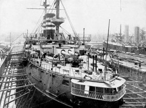 Japans oorlogsschip Mikasa bij Portsmouth dokken, Engeland, 1904